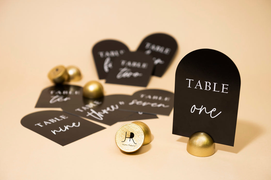 Modern Cursive Table Number Black Card Stock Half Circle Signs (Set of 10)