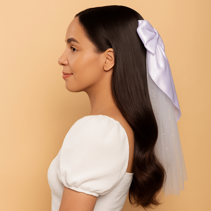 Bachelorette White Pearl Beaded Veil with White Bow
