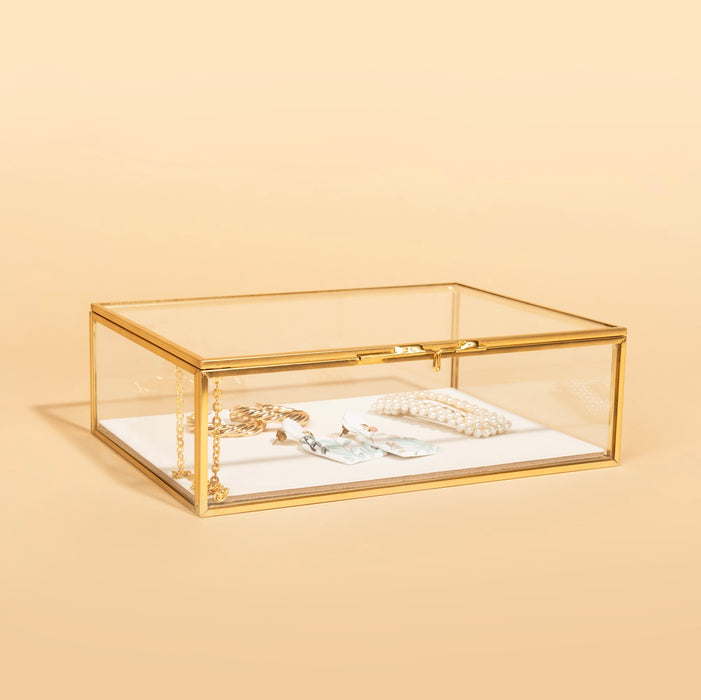 Glass Gold Metal Chain Jewelry Organizer Box with Velvet Bottom
