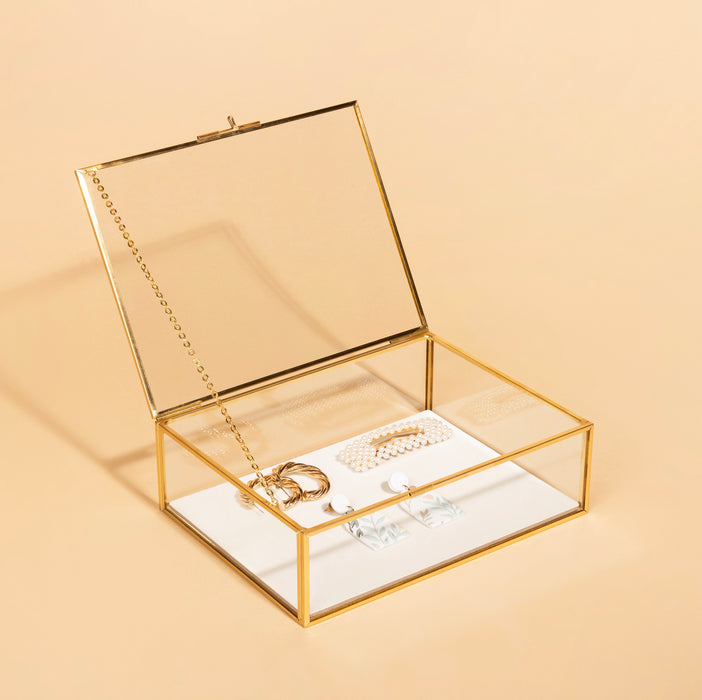 Glass Gold Metal Chain Jewelry Organizer Box with Velvet Bottom
