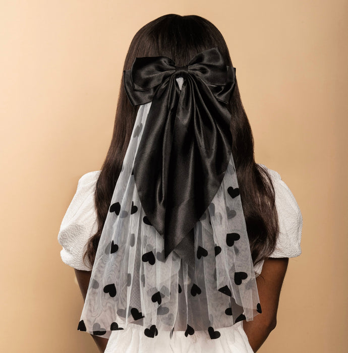 Bachelorette Black Heart White Veil with Black Bow Hair Clip