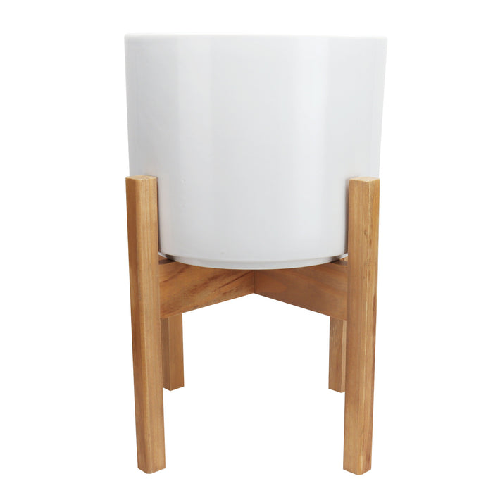 White Ceramic Pot Planter with Reversible Height Wood Stand