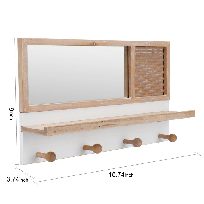 Boho Chic Decorative Wall Mount Shelf with Mirror and 4 Hooks