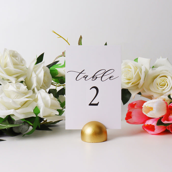 Modern Cursive Table Number Card Stock Signs with Round Gold Stand (Set of 10 - 1-10 , 11-20, 21-30)