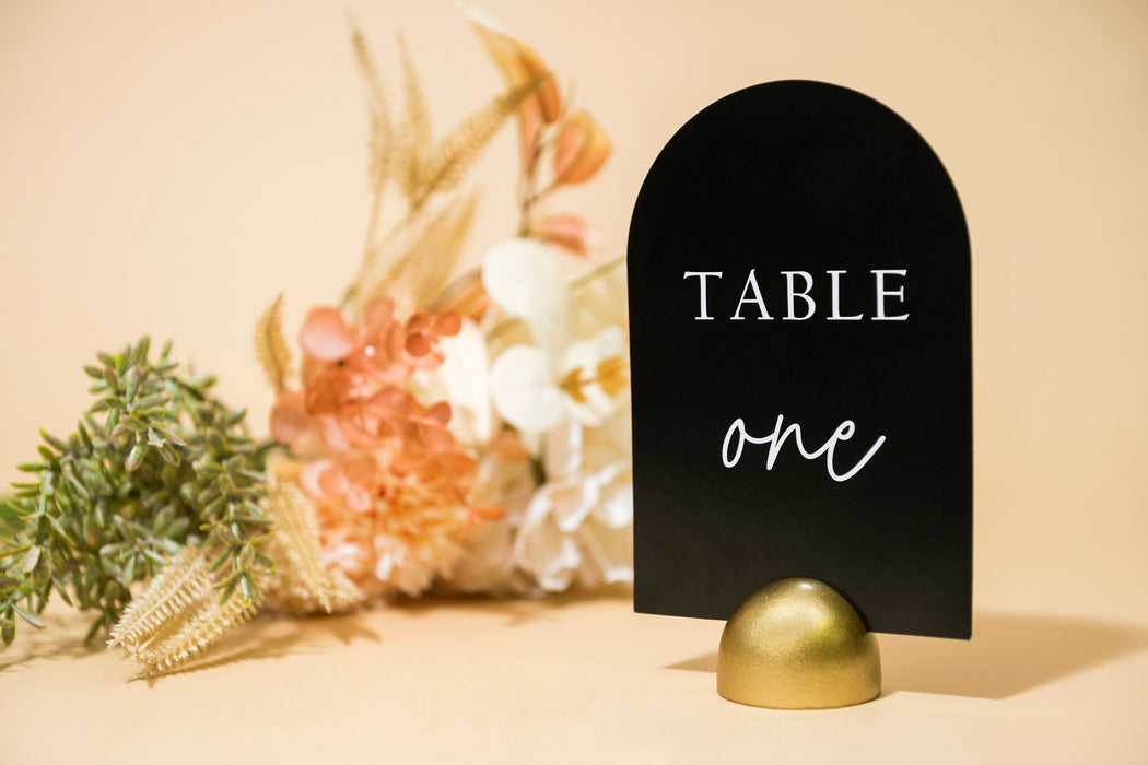 Modern Cursive Table Number Black Card Stock Half Circle Signs (Set of 10)