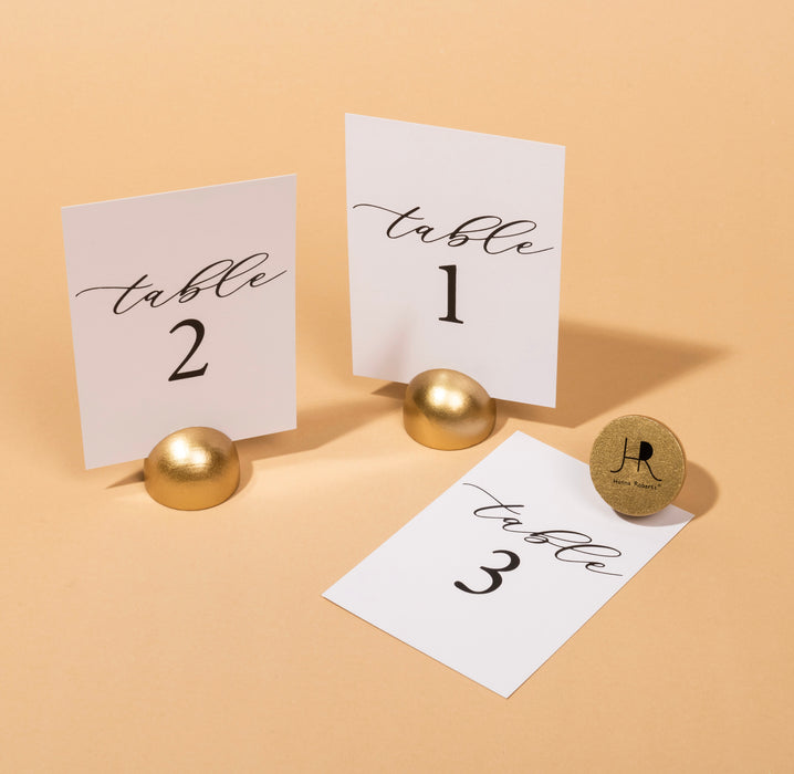 Modern Cursive Table Number Card Stock Signs with Round Gold Stand (Set of 10 - 1-10 , 11-20, 21-30)