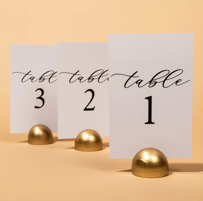 Modern Cursive Table Number Card Stock Signs with Round Gold Stand (Set of 10 - 1-10 , 11-20, 21-30)