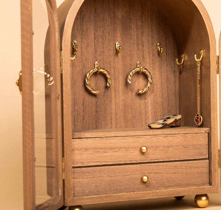 Jewelry Box with Opening Doors, Gold Hooks and Storage Drawers