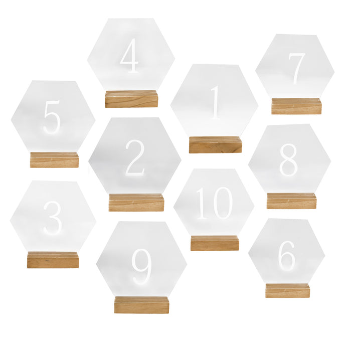 Modern Hexagonal Geometric Event Table Number Acrylic Numeric Signs with Wood Stands