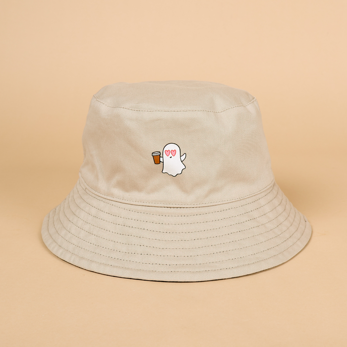 Reversible Black Tan Bucket Hat | Caffeinated But Dead Inside | Ghost with Coffee Cup