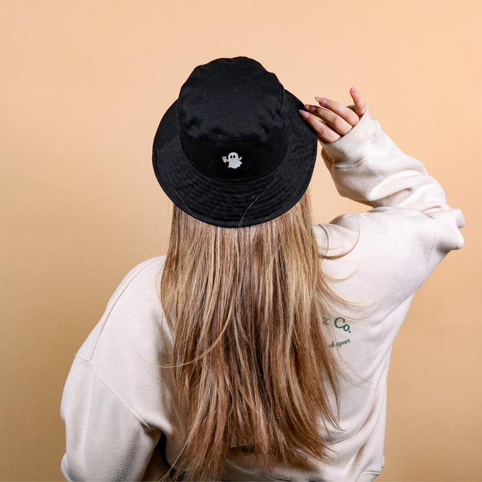 Reversible Black Tan Bucket Hat | Caffeinated But Dead Inside | Ghost with Coffee Cup