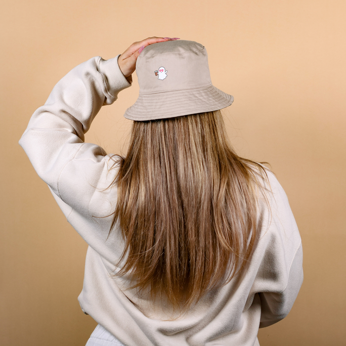 Reversible Black Tan Bucket Hat | Caffeinated But Dead Inside | Ghost with Coffee Cup