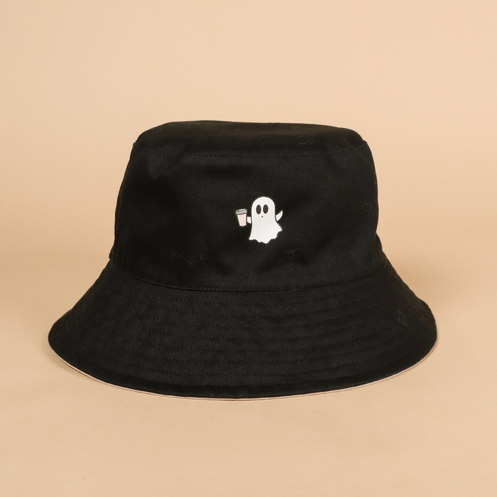 Reversible Black Tan Bucket Hat | Caffeinated But Dead Inside | Ghost with Coffee Cup