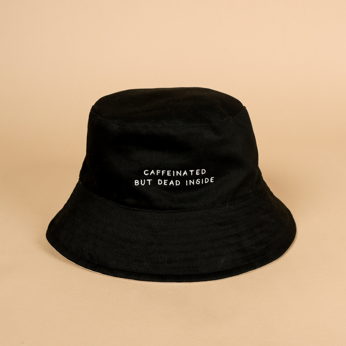 Reversible Black Tan Bucket Hat | Caffeinated But Dead Inside | Ghost with Coffee Cup