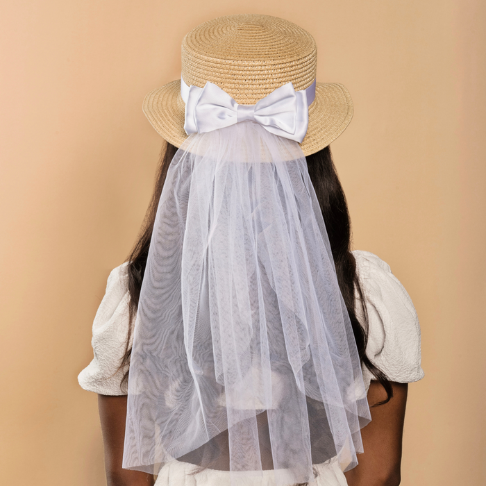 Bachelorette Picnic Hat with White Bow and Veil