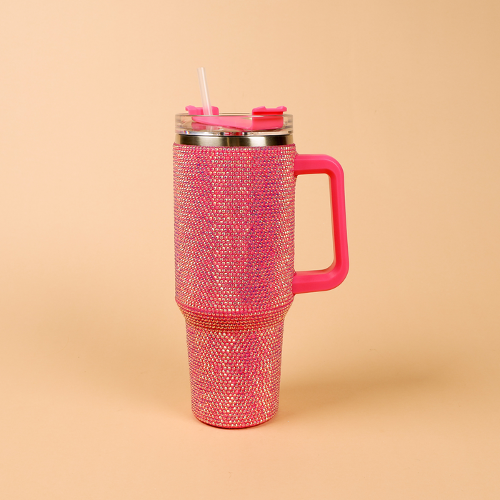 40oz Bedazzled Rhinestone Tumbler Cup with Straw - Hot Pink