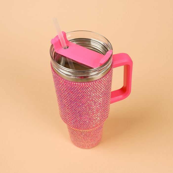 40oz Bedazzled Rhinestone Tumbler Cup with Straw - Hot Pink