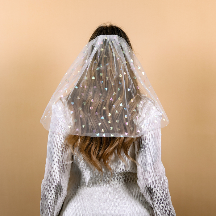 Bachelorette White Translucent Veil with Printed iridescent Hearts