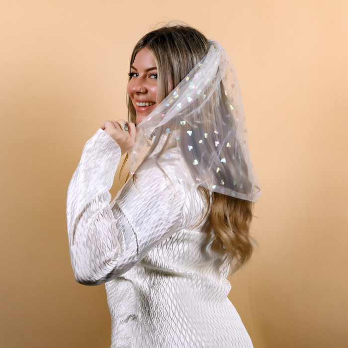 Bachelorette White Translucent Veil with Printed iridescent Hearts