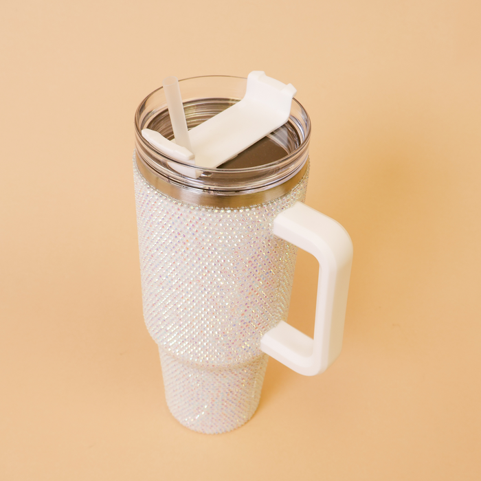 40oz Bedazzled Rhinestone Tumbler Cup with Straw - White