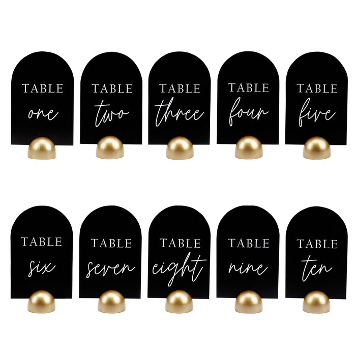 Modern Cursive Table Number Black Card Stock Half Circle Signs (Set of 10)