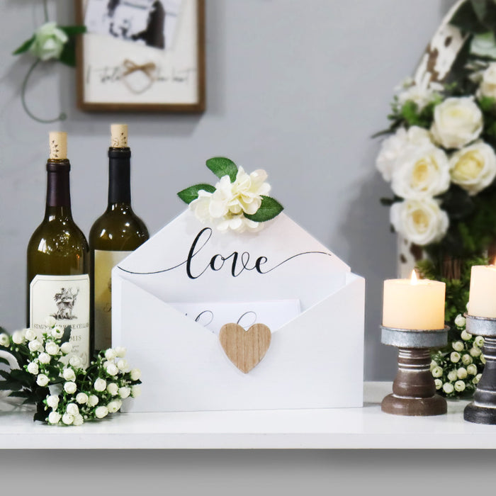 "Love" Card and Gift Fund Wood Box with White Floral and Heart Design