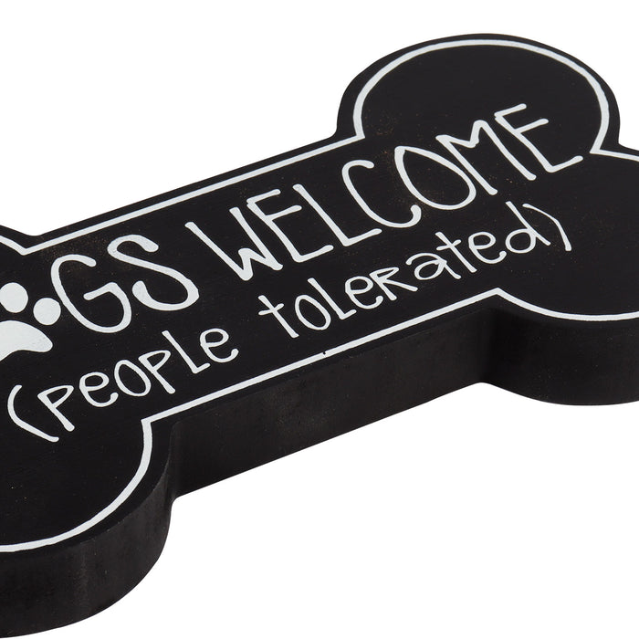 Dog Bone Sign, Dogs Welcome (People Tolerated) for Wall or Table Decoration in Entry Way, Mudroom, Living Room, 9.25" x 1" x 4.75"