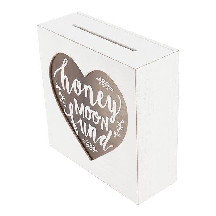 Honey Moon Fund and Card White Wood Box with Heart Shaped Design