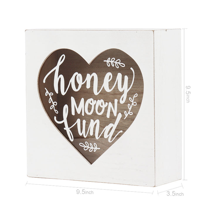 Honey Moon Fund and Card White Wood Box with Heart Shaped Design