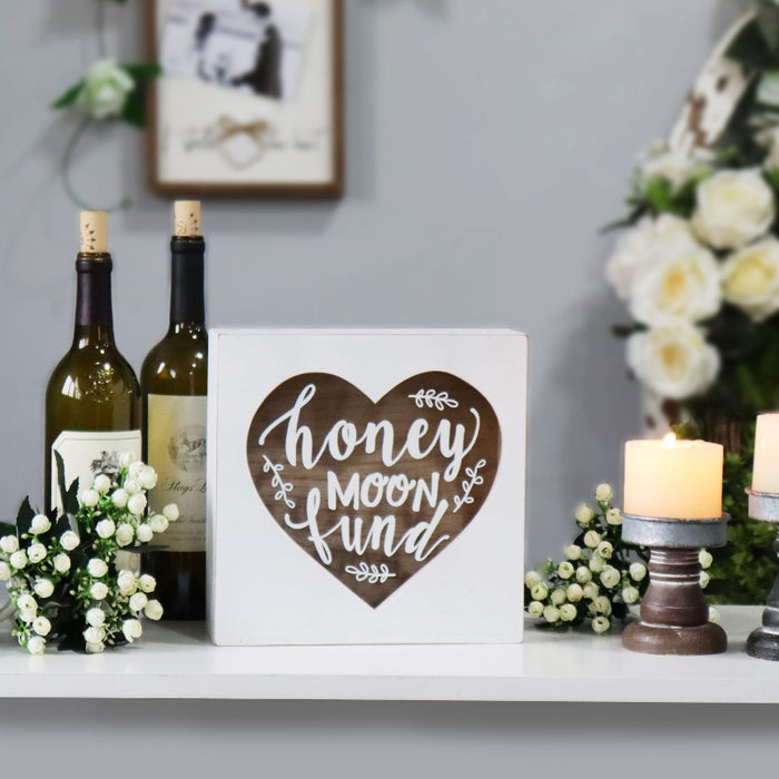 Honey Moon Fund and Card White Wood Box with Heart Shaped Design