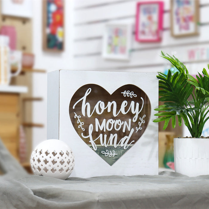 Honey Moon Fund and Card White Wood Box with Heart Shaped Design