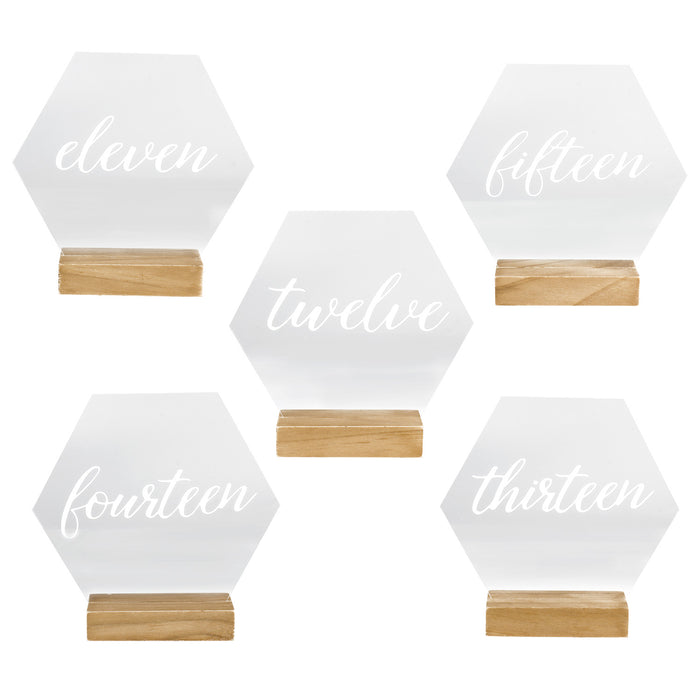 Modern Hexagonal Geometric Event Table Cursive Number Acrylic Signs with Wood Stand