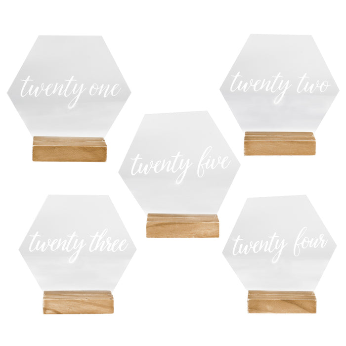 Modern Hexagonal Geometric Event Table Cursive Number Acrylic Signs with Wood Stand