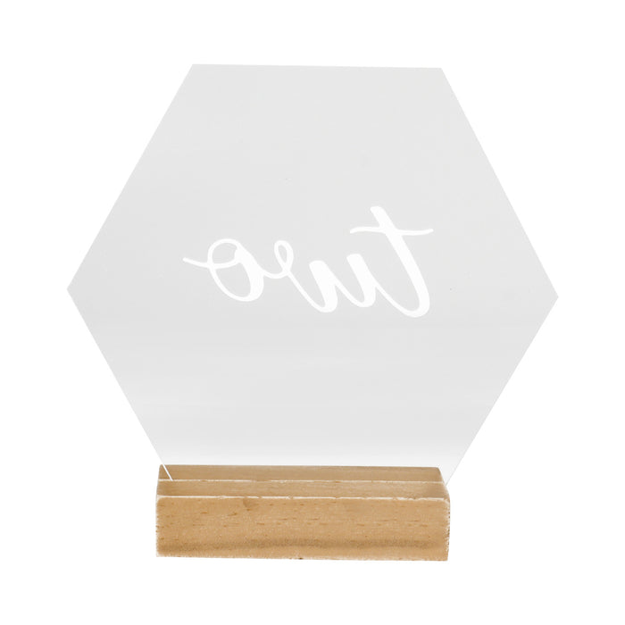 Modern Hexagonal Geometric Event Table Cursive Number Acrylic Signs with Wood Stand