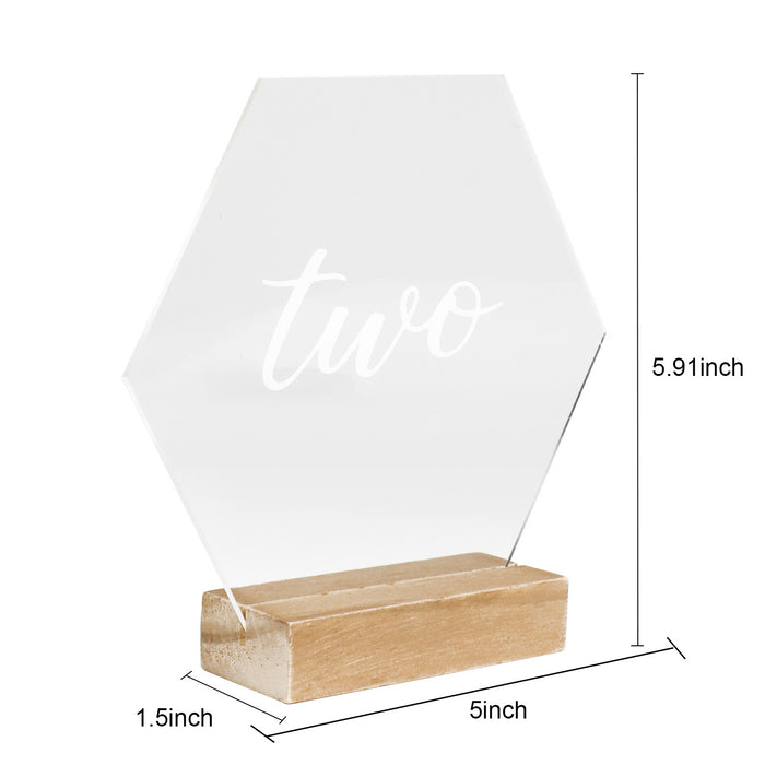 Modern Hexagonal Geometric Event Table Cursive Number Acrylic Signs with Wood Stand