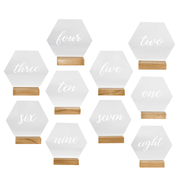 Modern Hexagonal Geometric Event Table Cursive Number Acrylic Signs with Wood Stand