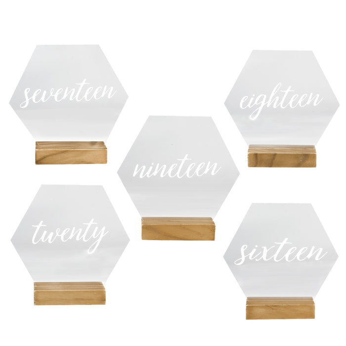 Modern Hexagonal Geometric Event Table Cursive Number Acrylic Signs with Wood Stand