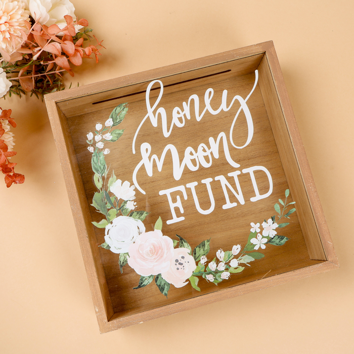 Honey Moon Fund and Card Rustic Wood Box with Mixed Floral Garland Design