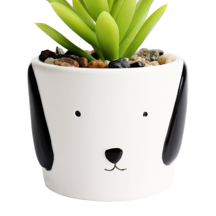 Miniature Faux Succulent Plant in Dog Puppy Style White Planter