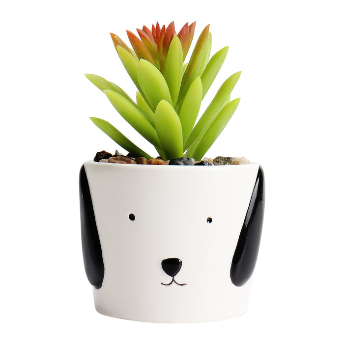 Miniature Faux Succulent Plant in Dog Puppy Style White Planter