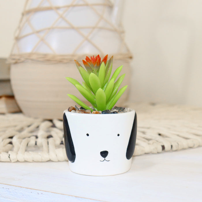 Miniature Faux Succulent Plant in Dog Puppy Style White Planter