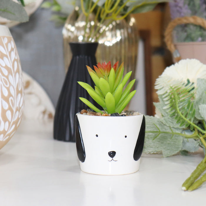 Miniature Faux Succulent Plant in Dog Puppy Style White Planter