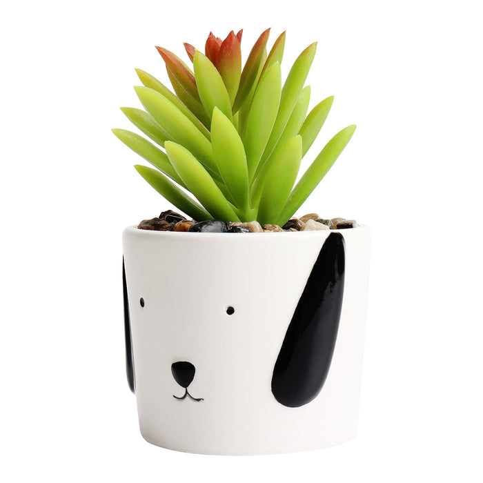 Miniature Faux Succulent Plant in Dog Puppy Style White Planter