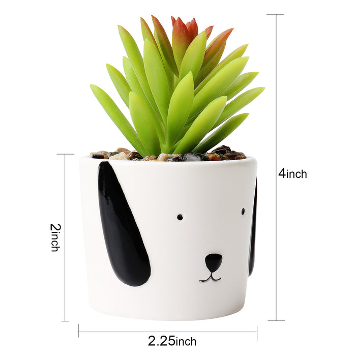 Miniature Faux Succulent Plant in Dog Puppy Style White Planter