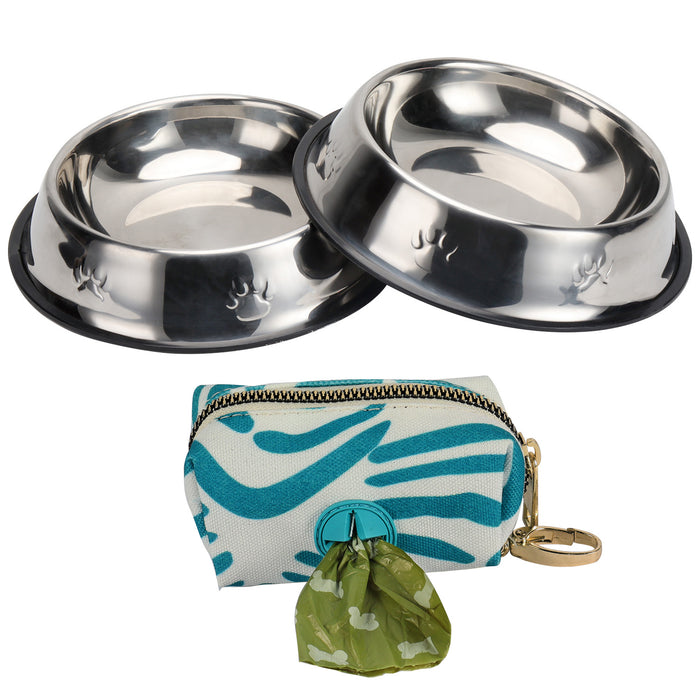 Stainless Steel Pet Bowls Set of 2 and Dog Poop Bag Holder Gift Set