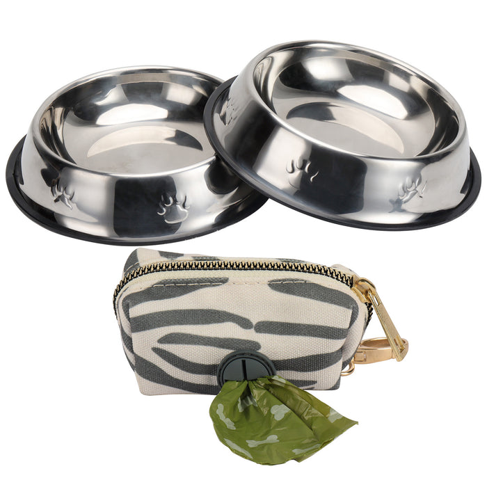 Stainless Steel Pet Bowls Set of 2 and Dog Poop Bag Holder Gift Set