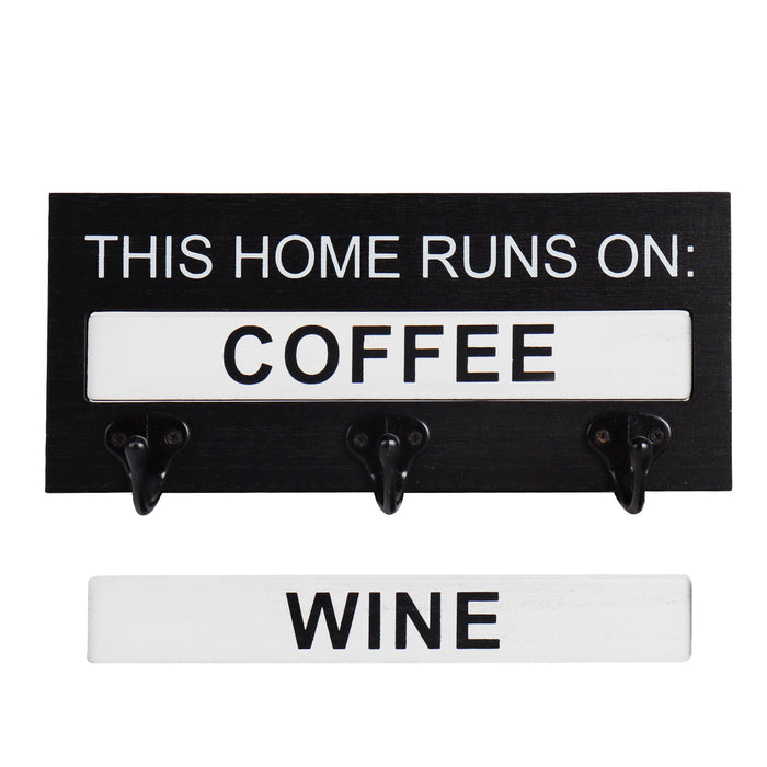 Triple Hook Key Holder with Rotating "This Home Runs on Coffee or Wine" Sign