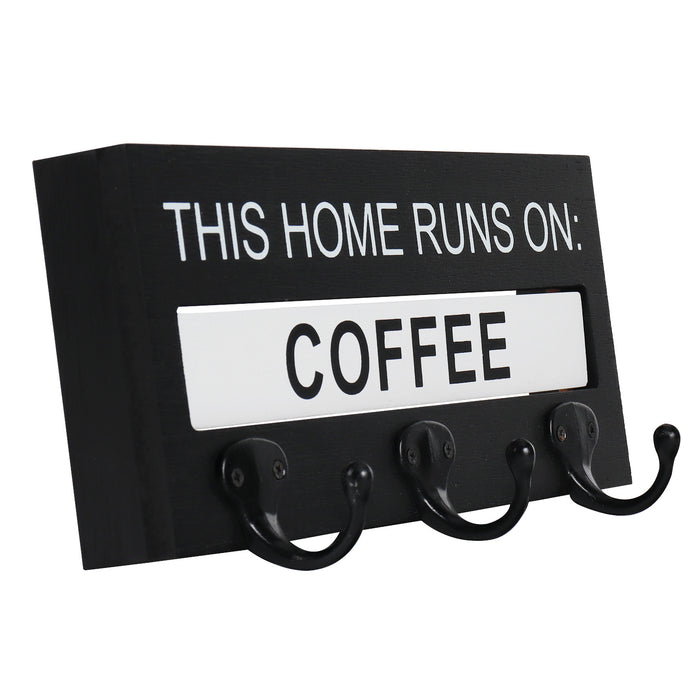 Triple Hook Key Holder with Rotating "This Home Runs on Coffee or Wine" Sign