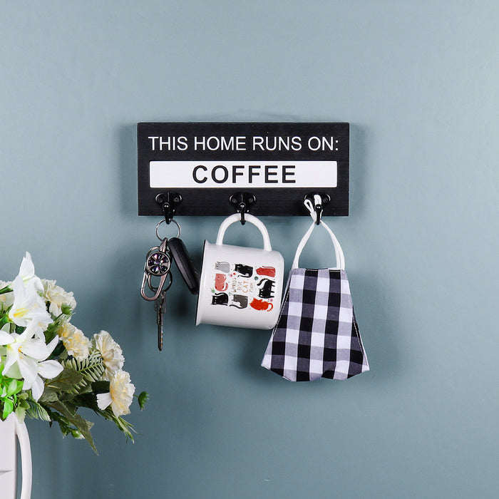 Triple Hook Key Holder with Rotating "This Home Runs on Coffee or Wine" Sign