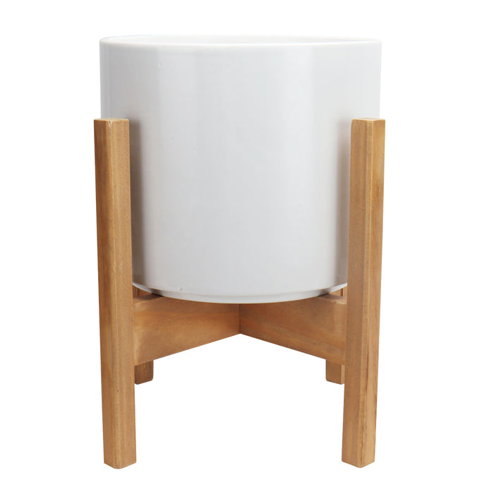 White Ceramic Pot Planter with Reversible Height Wood Stand